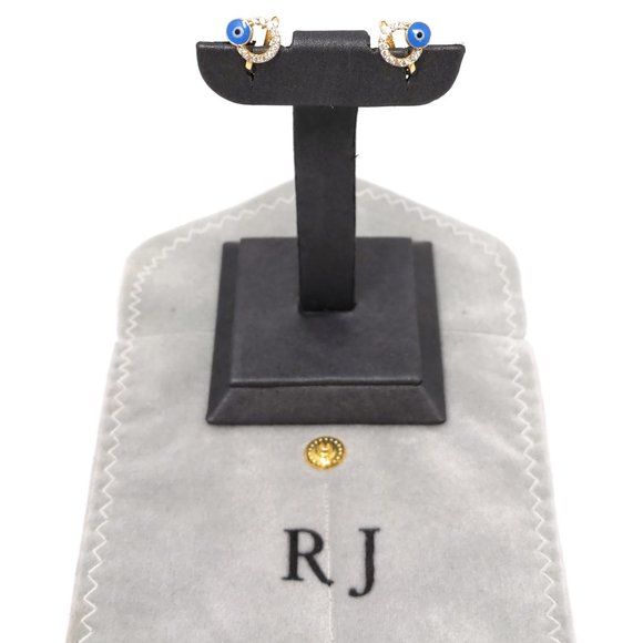 14 Carat Gold Earrings Enamel Evil Eye CZ Stones - Picture 9 of 10